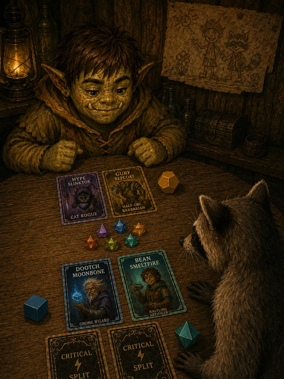 Critical Split character cards, colorful dice, and gems arranged during a woodland game night