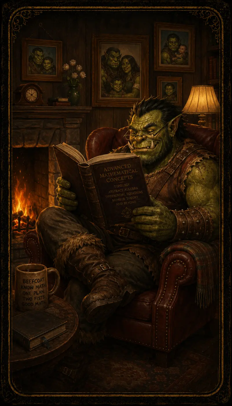 Gurf Beefcoat, a half-orc reading an advanced mathematics book