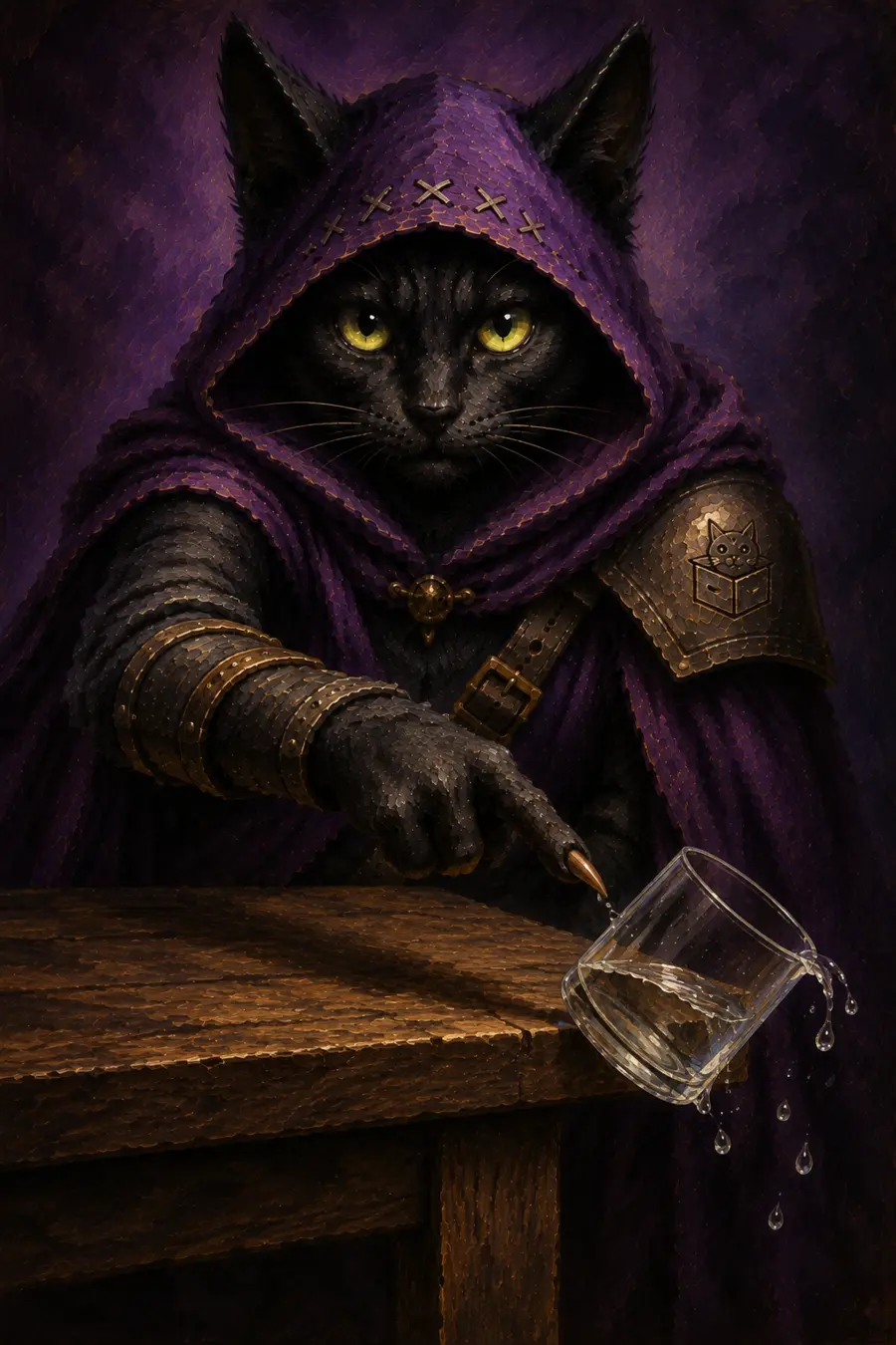 Hype Slinktoe, a black cat rogue wearing a purple hood